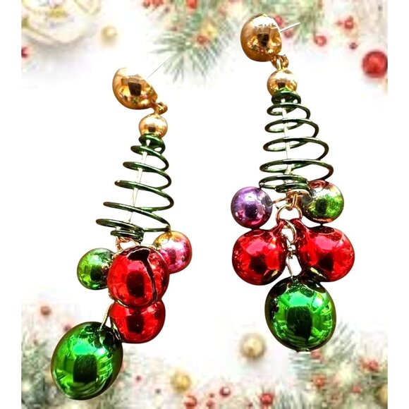 Christmas Tree Earrings New Handmade Jingle Bells Dangle Posts Festive P… - Picture 3 of 12